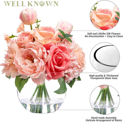 Artificial Flowers in Vase with Fake Water, Peach Pink Silk Peony Rose Tulip Spring Flower Bouquet for Home Birthday Party Wedding Dining Table Centerpieces Office Decor Mom's Gift