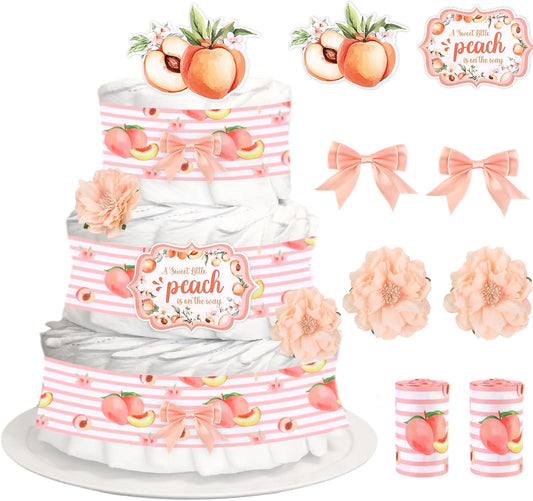 Peach Theme Baby Shower Diaper Cake Decorations, A Sweet Peach Is on the Way Pink Peach Card, Peach Grosgrain Ribbon Artificial Flower Pink Bows Decor for Fruit Baby Shower Party Supplies