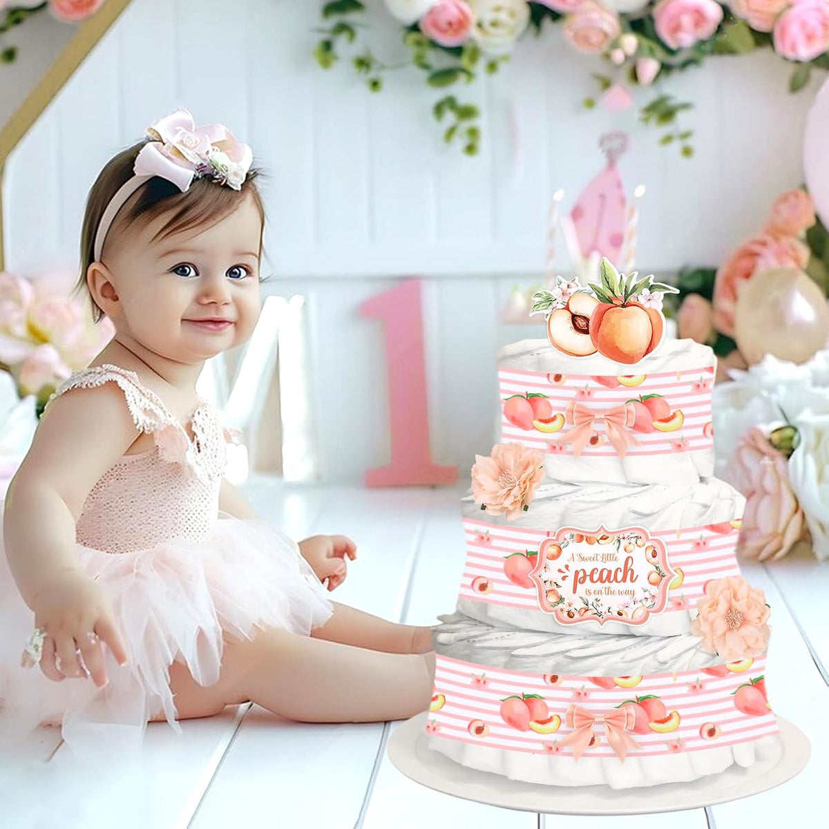 Peach Theme Baby Shower Diaper Cake Decorations, A Sweet Peach Is on the Way Pink Peach Card, Peach Grosgrain Ribbon Artificial Flower Pink Bows Decor for Fruit Baby Shower Party Supplies