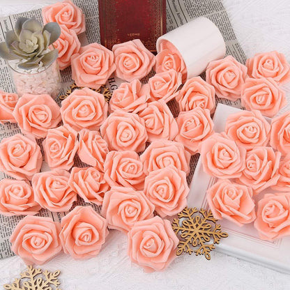 Artificial Rose Flower Heads, 100pcs Peach Roses Artificial Flower Foam Rose for DIY Wedding Bouquets Centerpieces Arrangements Party Baby Shower Home Decor (Stemless, Peach)