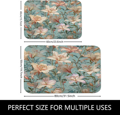 Floral Dream Quick Dry Bath Mat, Elegant Peach Lily Pattern Absorbent Non Slip Shower Mat, Summer Memory Foam Washable Bath Rugs for Bathroom Toilet Restroom Decorative 20x32 Inch