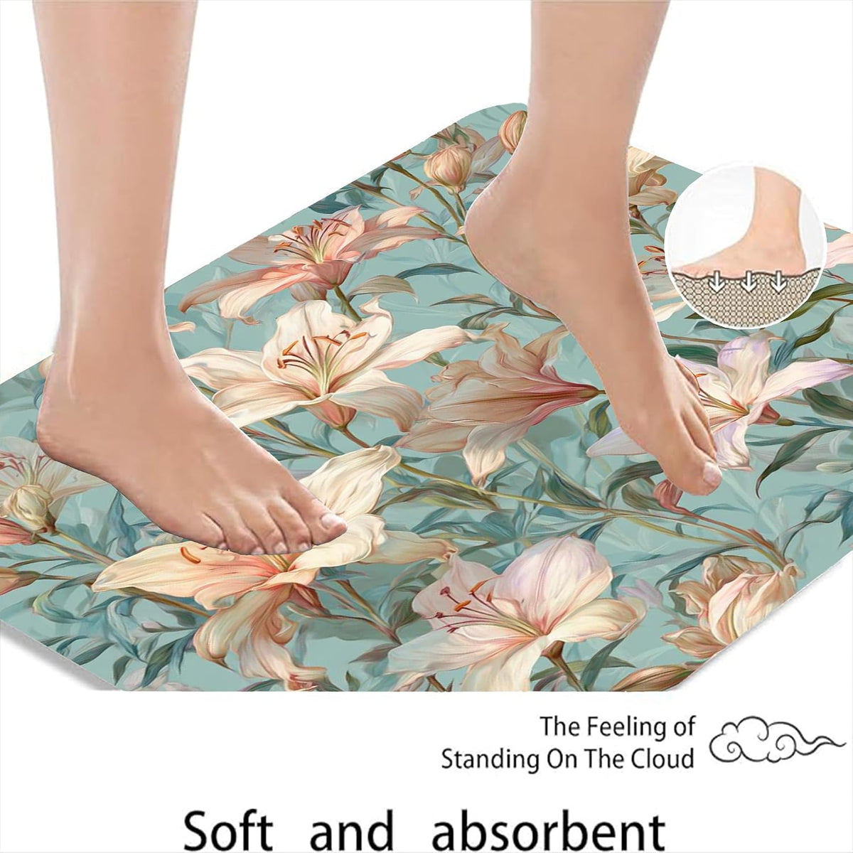 Floral Dream Quick Dry Bath Mat, Elegant Peach Lily Pattern Absorbent Non Slip Shower Mat, Summer Memory Foam Washable Bath Rugs for Bathroom Toilet Restroom Decorative 20x32 Inch