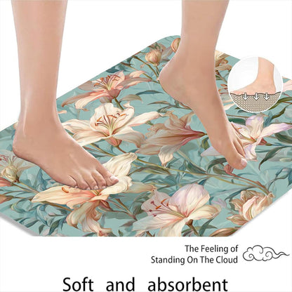 Floral Dream Quick Dry Bath Mat, Elegant Peach Lily Pattern Absorbent Non Slip Shower Mat, Summer Memory Foam Washable Bath Rugs for Bathroom Toilet Restroom Decorative 20x32 Inch