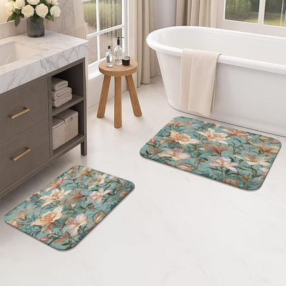 Floral Dream Quick Dry Bath Mat, Elegant Peach Lily Pattern Absorbent Non Slip Shower Mat, Summer Memory Foam Washable Bath Rugs for Bathroom Toilet Restroom Decorative 20x32 Inch