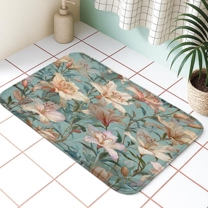 Floral Dream Quick Dry Bath Mat, Elegant Peach Lily Pattern Absorbent Non Slip Shower Mat, Summer Memory Foam Washable Bath Rugs for Bathroom Toilet Restroom Decorative 20x32 Inch