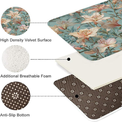 Floral Dream Quick Dry Bath Mat, Elegant Peach Lily Pattern Absorbent Non Slip Shower Mat, Summer Memory Foam Washable Bath Rugs for Bathroom Toilet Restroom Decorative 20x32 Inch
