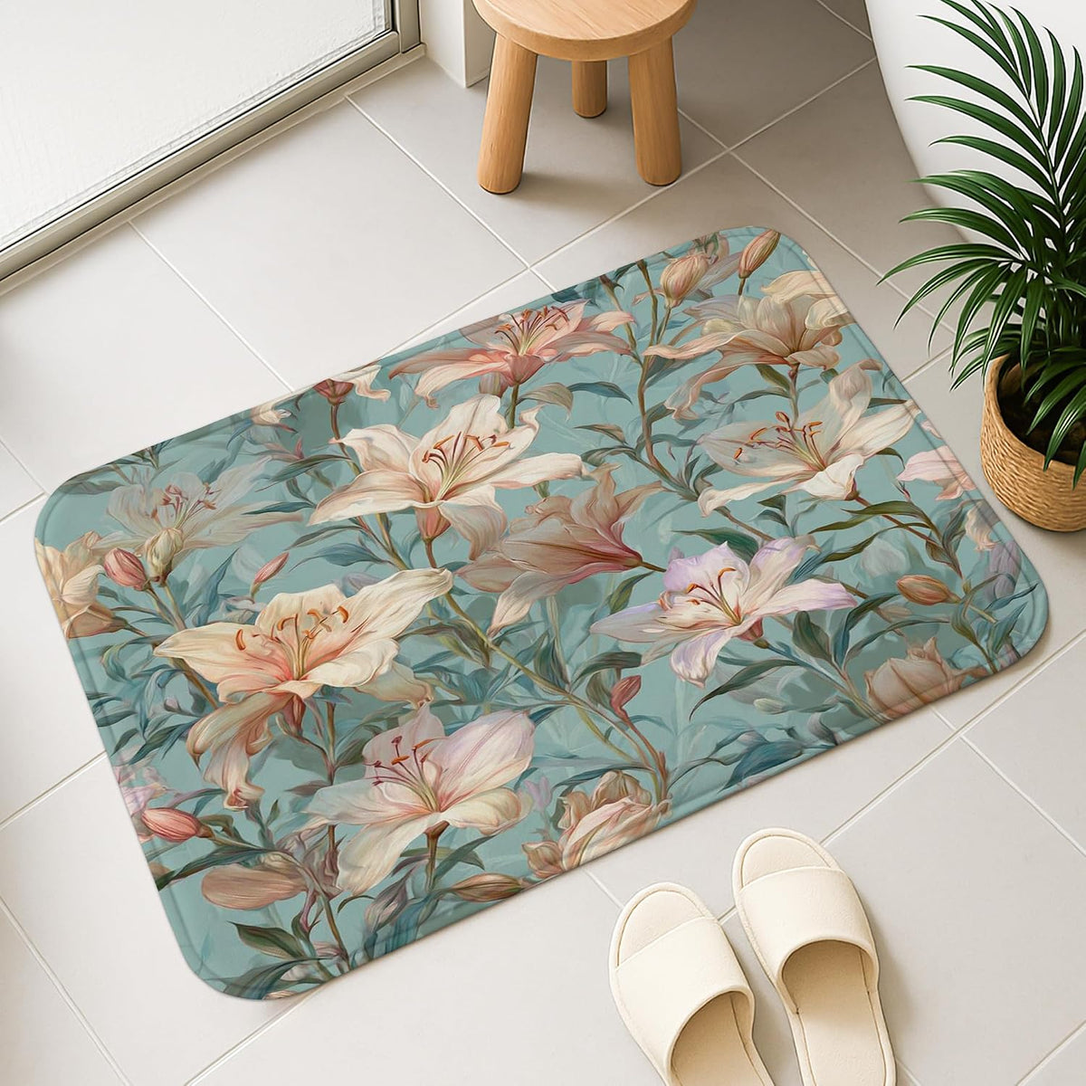 Floral Dream Quick Dry Bath Mat, Elegant Peach Lily Pattern Absorbent Non Slip Shower Mat, Summer Memory Foam Washable Bath Rugs for Bathroom Toilet Restroom Decorative 20x32 Inch