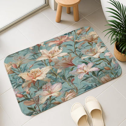 Floral Dream Quick Dry Bath Mat, Elegant Peach Lily Pattern Absorbent Non Slip Shower Mat, Summer Memory Foam Washable Bath Rugs for Bathroom Toilet Restroom Decorative 20x32 Inch
