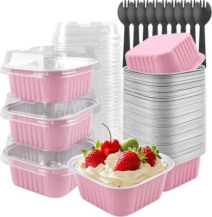 Mini Cake Pans with Lids, Square, 50 Pack, 5 oz, Pink