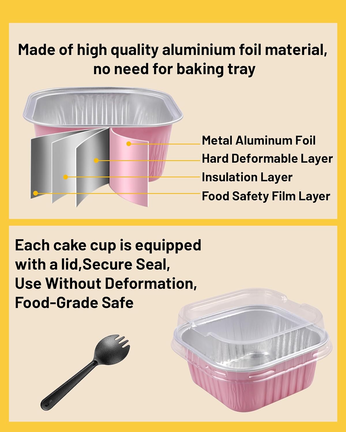 Mini Cake Pans with Lids, Square, 50 Pack, 5 oz, Pink
