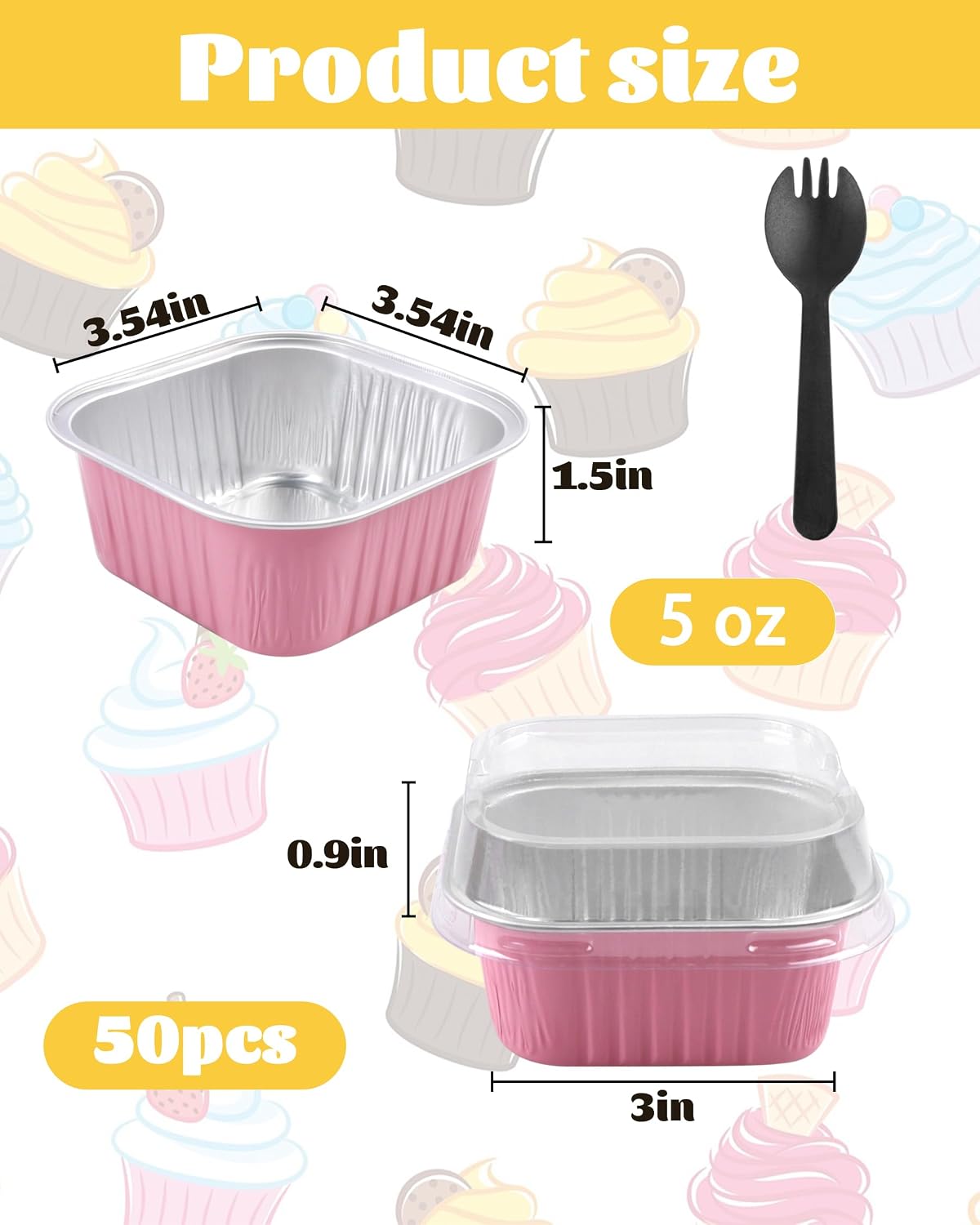 Mini Cake Pans with Lids, Square, 50 Pack, 5 oz, Pink