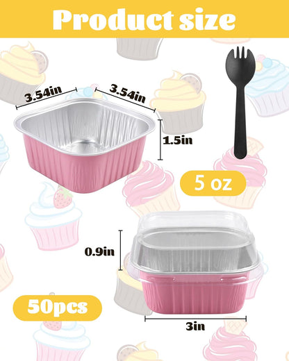 Mini Cake Pans with Lids, Square, 50 Pack, 5 oz, Pink