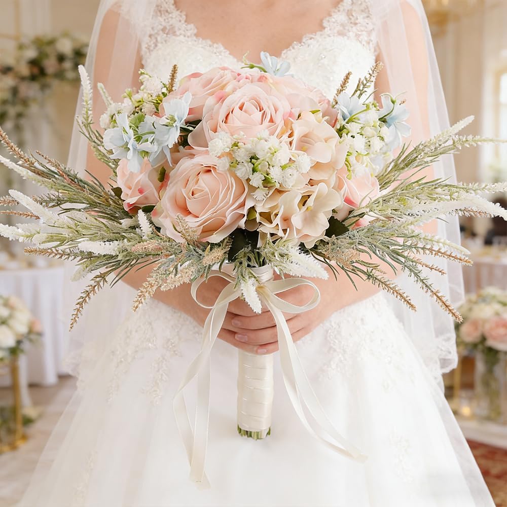 Bridal Wedding Bouquets Artificial Rose Handmade Romantic for Bride Bridesmaid Holding Flowers, 11.8'' (Rose Bouquet-Pink)