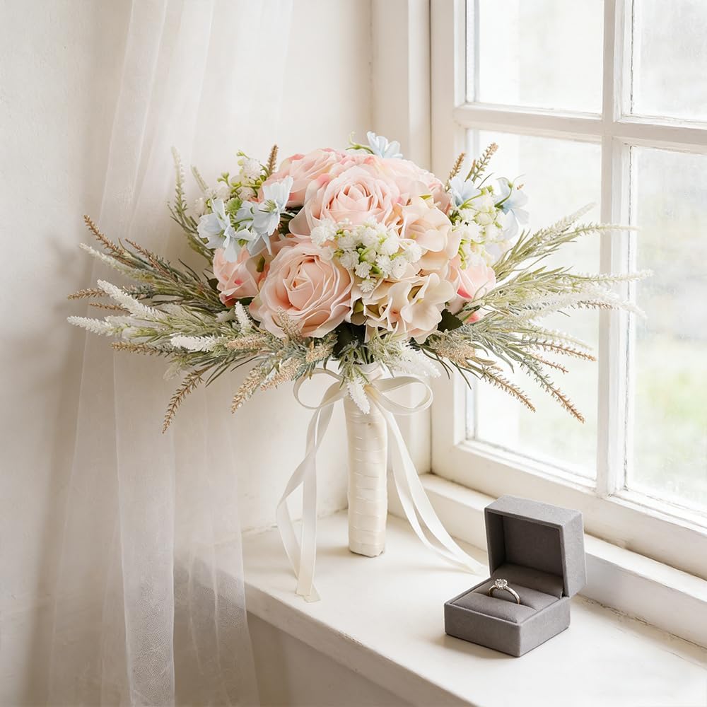 Bridal Wedding Bouquets Artificial Rose Handmade Romantic for Bride Bridesmaid Holding Flowers, 11.8'' (Rose Bouquet-Pink)