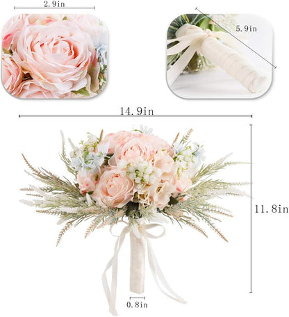 Bridal Wedding Bouquets Artificial Rose Handmade Romantic for Bride Bridesmaid Holding Flowers, 11.8'' (Rose Bouquet-Pink)