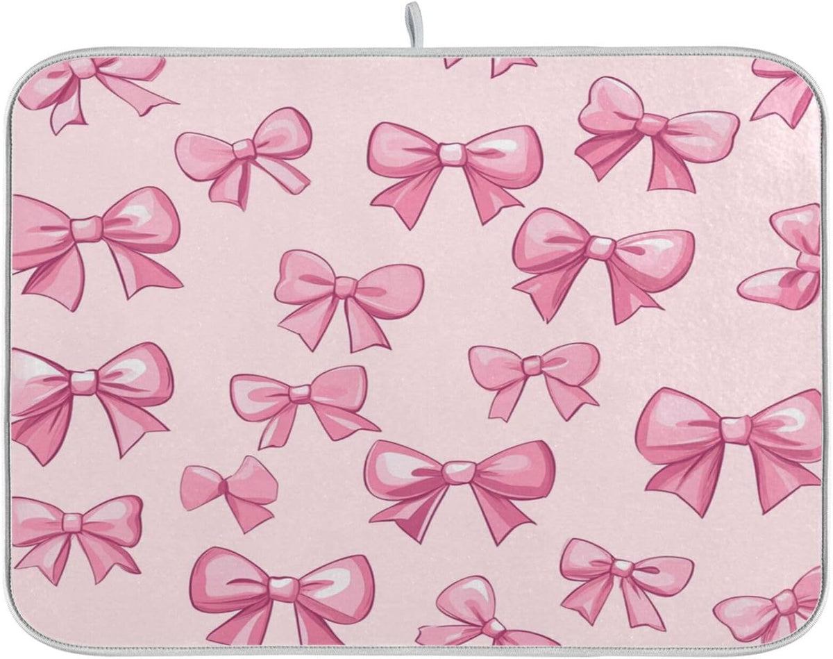 Pink Bows Dish Drying Mat For Kitchen Counter Drying Pad Absorbent Reversible Dishes Draining Rack Mat Coffee Bar Pad Countertop Decors Medium 16X18 Inch
