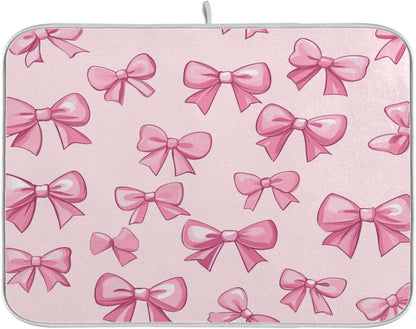 Pink Bows Dish Drying Mat For Kitchen Counter Drying Pad Absorbent Reversible Dishes Draining Rack Mat Coffee Bar Pad Countertop Decors Medium 16X18 Inch