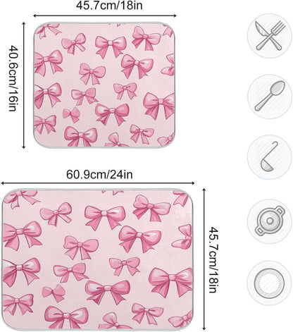 Pink Bows Dish Drying Mat For Kitchen Counter Drying Pad Absorbent Reversible Dishes Draining Rack Mat Coffee Bar Pad Countertop Decors Medium 16X18 Inch