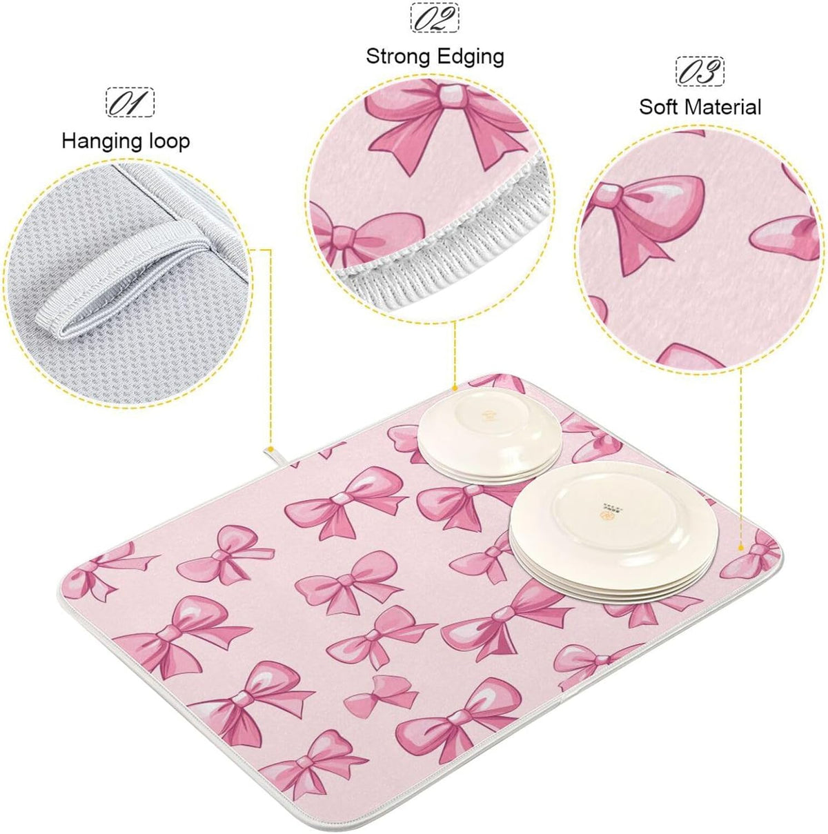 Pink Bows Dish Drying Mat For Kitchen Counter Drying Pad Absorbent Reversible Dishes Draining Rack Mat Coffee Bar Pad Countertop Decors Medium 16X18 Inch