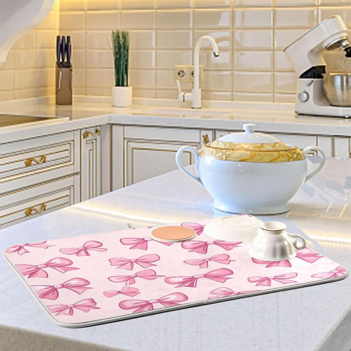 Pink Bows Dish Drying Mat For Kitchen Counter Drying Pad Absorbent Reversible Dishes Draining Rack Mat Coffee Bar Pad Countertop Decors Medium 16X18 Inch