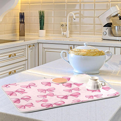 Pink Bows Dish Drying Mat For Kitchen Counter Drying Pad Absorbent Reversible Dishes Draining Rack Mat Coffee Bar Pad Countertop Decors Medium 16X18 Inch
