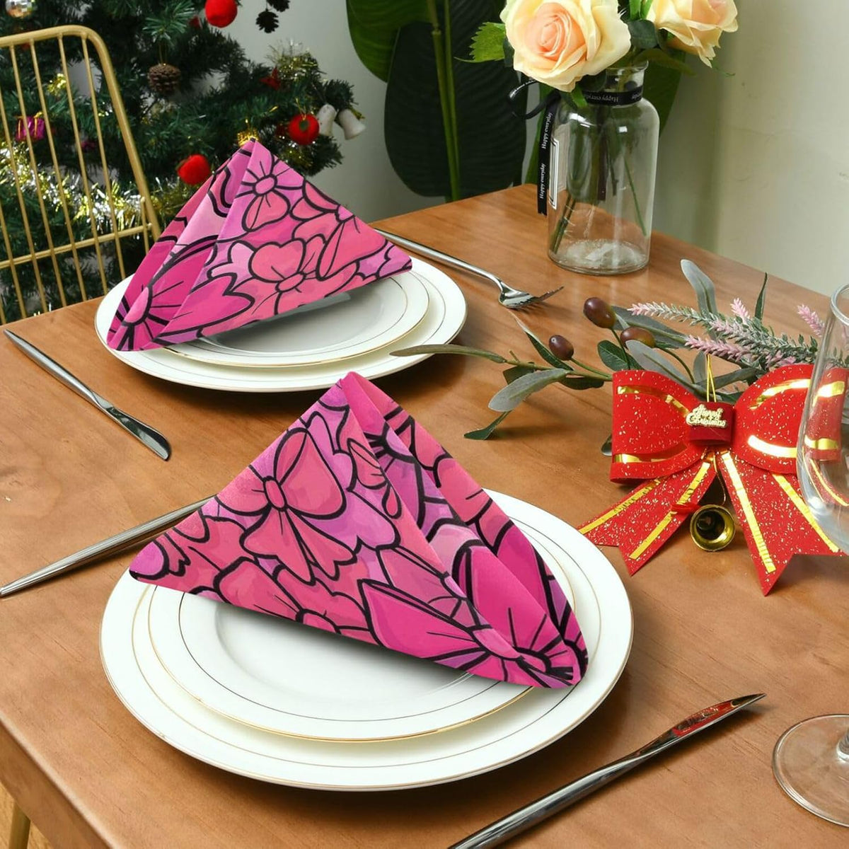 Cute Cartoon Bow Peach Cloth Like Dinner Napkins Reusable Napkins Washable eco Friendly Cloth Napkins Cotton Polyester Bistro Cocktail Cloth Napkins Set of 4 Napkins 20 x 20in
