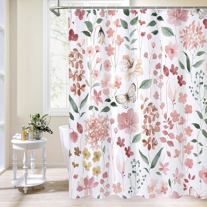 Litabel Pink Floral Shower Curtain, Plant Leaves with Flower Shower Curtains for Summer Pink Bathroom Decor, Modern Farmhouse Waterproof Fabric Botanical Bathroom Curtain 72x72 Inch