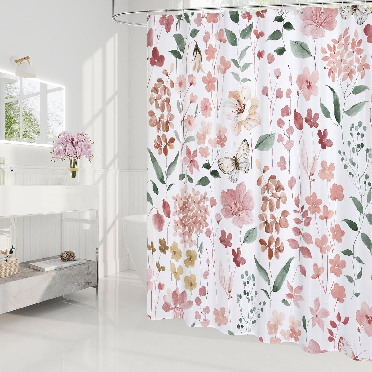Litabel Pink Floral Shower Curtain, Plant Leaves with Flower Shower Curtains for Summer Pink Bathroom Decor, Modern Farmhouse Waterproof Fabric Botanical Bathroom Curtain 72x72 Inch