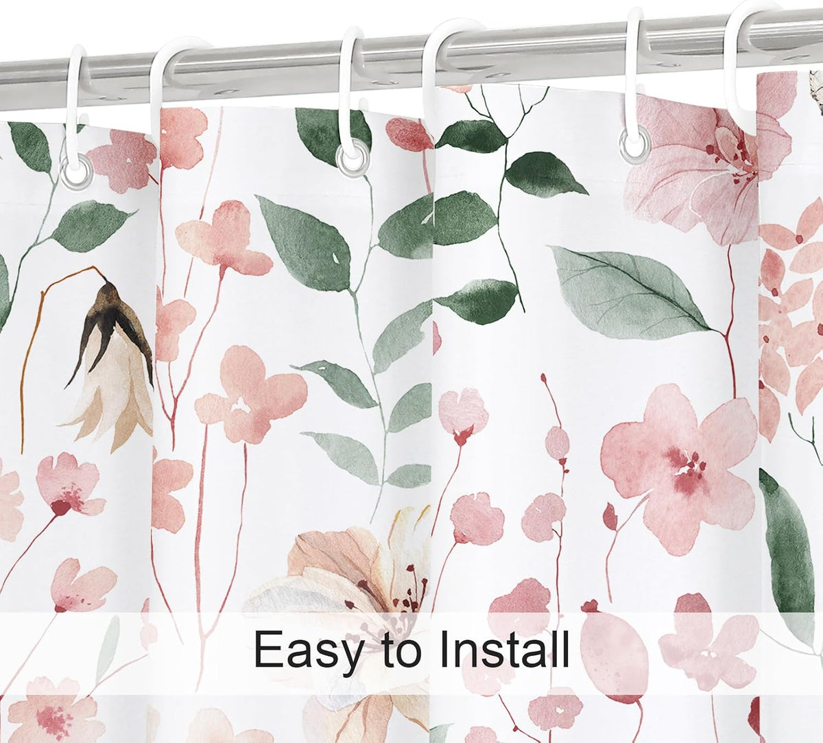 Litabel Pink Floral Shower Curtain, Plant Leaves with Flower Shower Curtains for Summer Pink Bathroom Decor, Modern Farmhouse Waterproof Fabric Botanical Bathroom Curtain 72x72 Inch