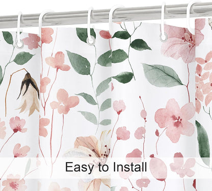 Litabel Pink Floral Shower Curtain, Plant Leaves with Flower Shower Curtains for Summer Pink Bathroom Decor, Modern Farmhouse Waterproof Fabric Botanical Bathroom Curtain 72x72 Inch