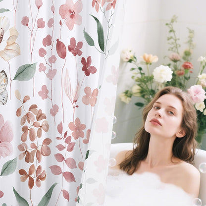 Litabel Pink Floral Shower Curtain, Plant Leaves with Flower Shower Curtains for Summer Pink Bathroom Decor, Modern Farmhouse Waterproof Fabric Botanical Bathroom Curtain 72x72 Inch