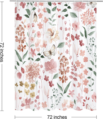 Litabel Pink Floral Shower Curtain, Plant Leaves with Flower Shower Curtains for Summer Pink Bathroom Decor, Modern Farmhouse Waterproof Fabric Botanical Bathroom Curtain 72x72 Inch