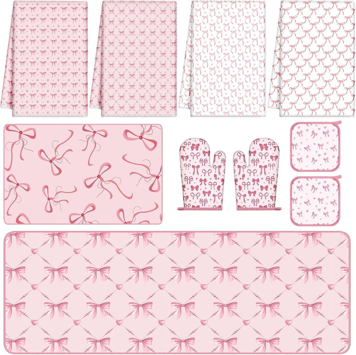 10 Pcs Pink Bow Kitchen Dish Towels Rugs Oven Mitts and Pot Holders Set Pink Bow Coquette Farmhouse Kitchen Decor Set for Women Mom Daughter Gift Cooking Baking