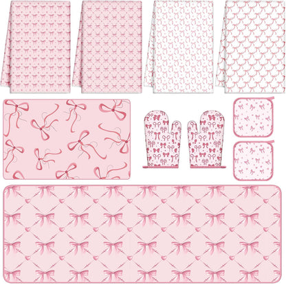 10 Pcs Pink Bow Kitchen Dish Towels Rugs Oven Mitts and Pot Holders Set Pink Bow Coquette Farmhouse Kitchen Decor Set for Women Mom Daughter Gift Cooking Baking