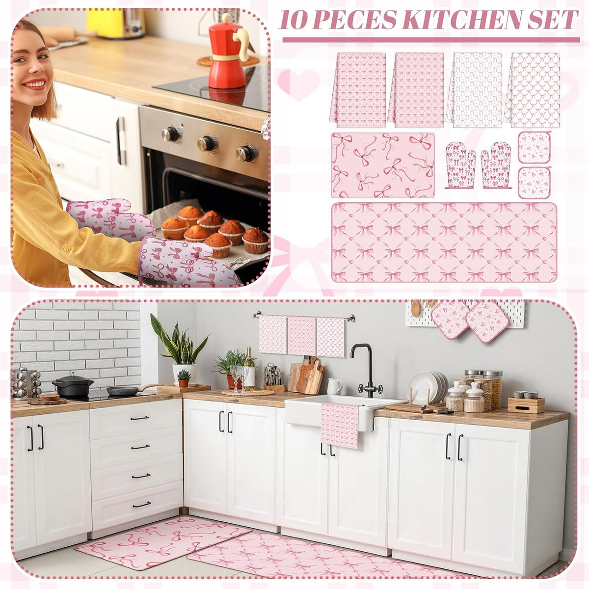 10 Pcs Pink Bow Kitchen Dish Towels Rugs Oven Mitts and Pot Holders Set Pink Bow Coquette Farmhouse Kitchen Decor Set for Women Mom Daughter Gift Cooking Baking