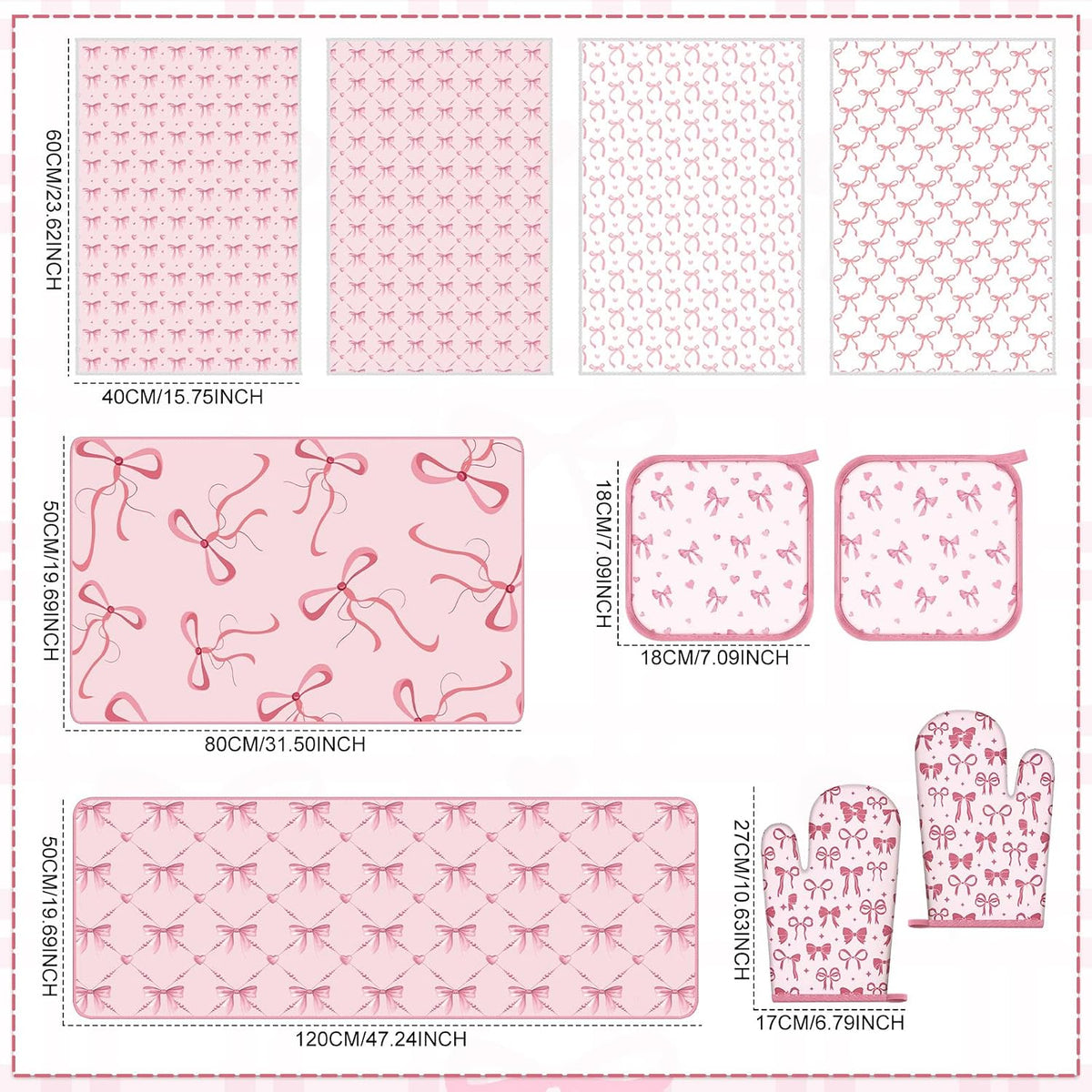 10 Pcs Pink Bow Kitchen Dish Towels Rugs Oven Mitts and Pot Holders Set Pink Bow Coquette Farmhouse Kitchen Decor Set for Women Mom Daughter Gift Cooking Baking