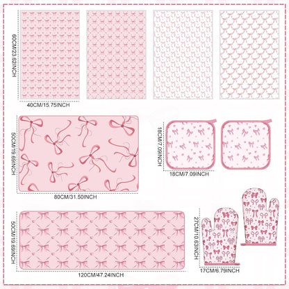 10 Pcs Pink Bow Kitchen Dish Towels Rugs Oven Mitts and Pot Holders Set Pink Bow Coquette Farmhouse Kitchen Decor Set for Women Mom Daughter Gift Cooking Baking