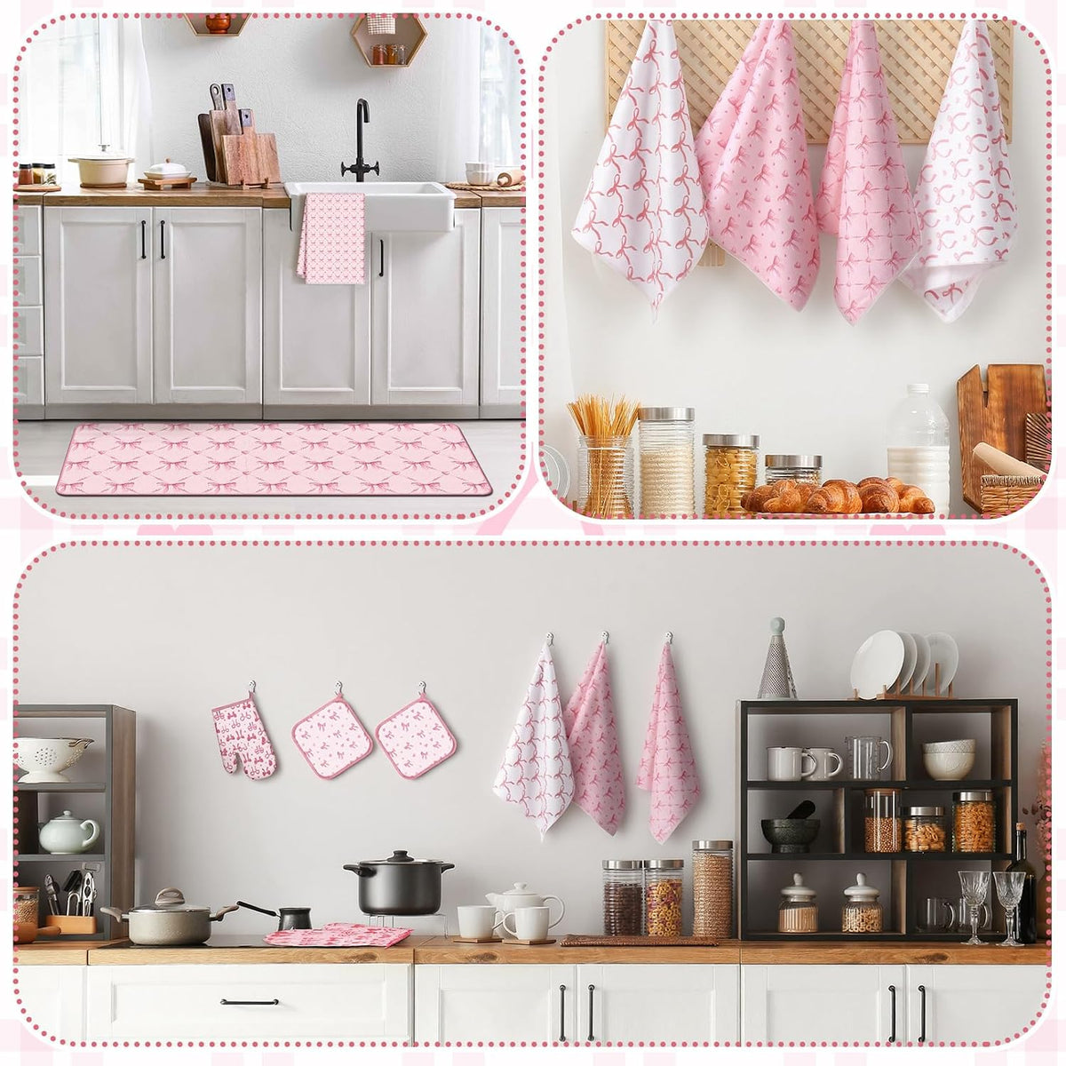 10 Pcs Pink Bow Kitchen Dish Towels Rugs Oven Mitts and Pot Holders Set Pink Bow Coquette Farmhouse Kitchen Decor Set for Women Mom Daughter Gift Cooking Baking