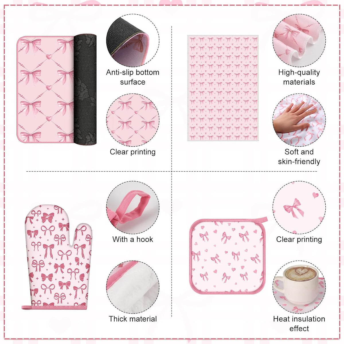 10 Pcs Pink Bow Kitchen Dish Towels Rugs Oven Mitts and Pot Holders Set Pink Bow Coquette Farmhouse Kitchen Decor Set for Women Mom Daughter Gift Cooking Baking