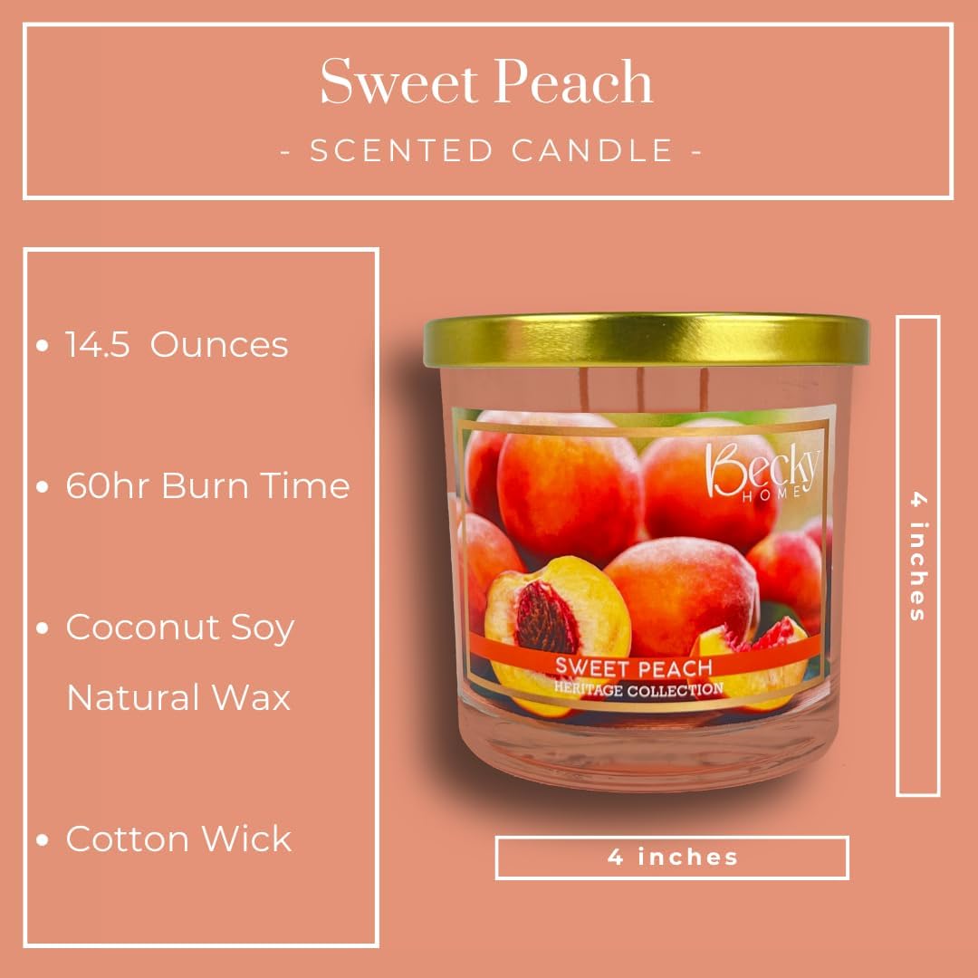 Peach Scented Candle, 14.5 oz, Soy Wax, 60 Hour Burn