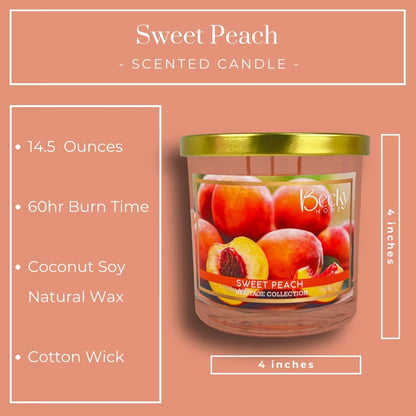 Peach Scented Candle, 14.5 oz, Soy Wax, 60 Hour Burn