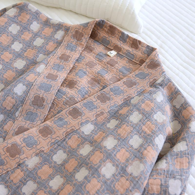 Double-layer Cotton Gauze Japanese Kimono Bathrobe Loose Sleepwear Knee Length Yukata Robe for Women