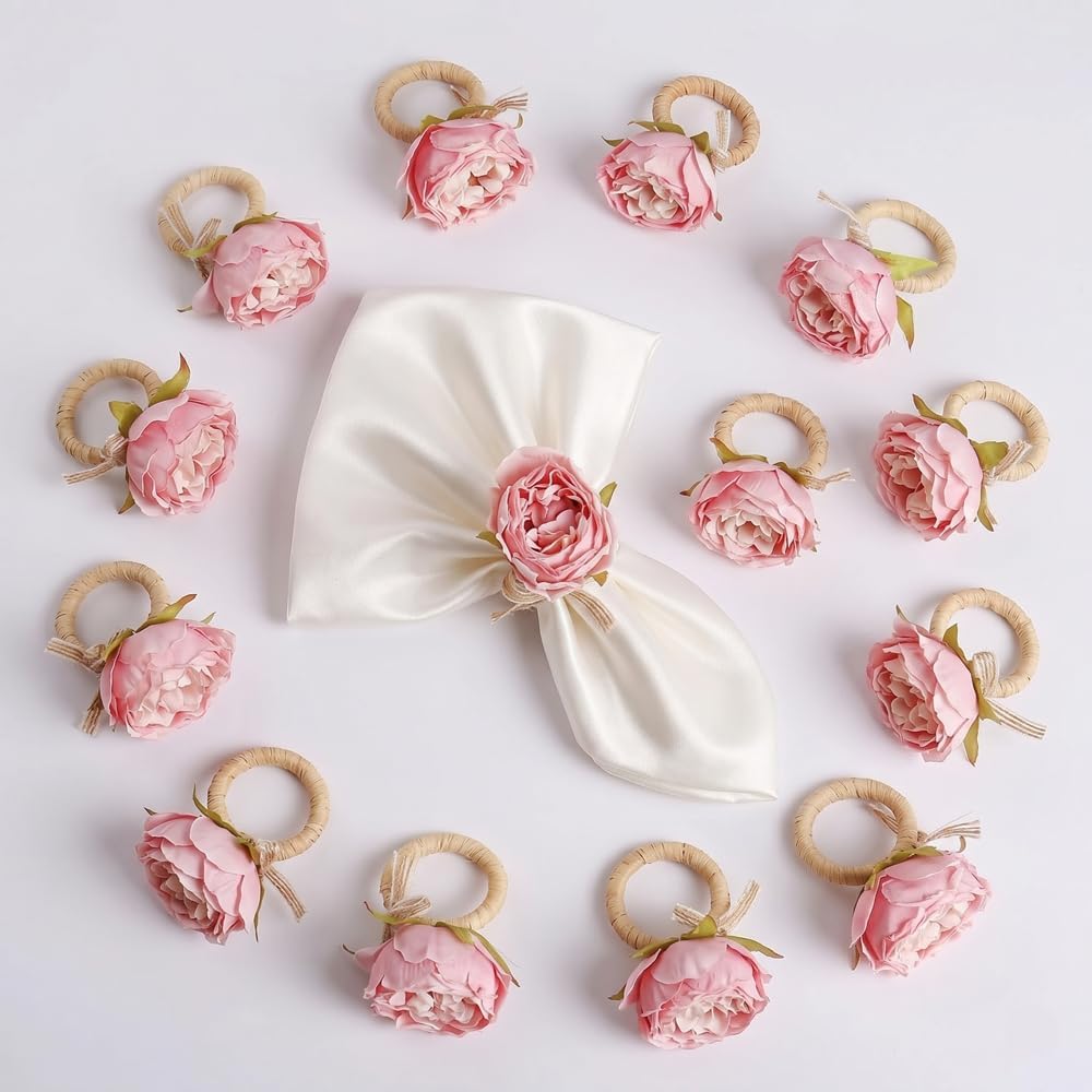Flower Napkin Rings Set of 12 | Rustic Rose Tulip Napkins Holder | Spring Napkin Rings & Flower Stem Napkins Holder for Mother's Day Birthday Wedding Dinners Parties Table Decoration (Pink White)