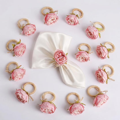 Flower Napkin Rings Set of 12 | Rustic Rose Tulip Napkins Holder | Spring Napkin Rings & Flower Stem Napkins Holder for Mother's Day Birthday Wedding Dinners Parties Table Decoration (Pink White)