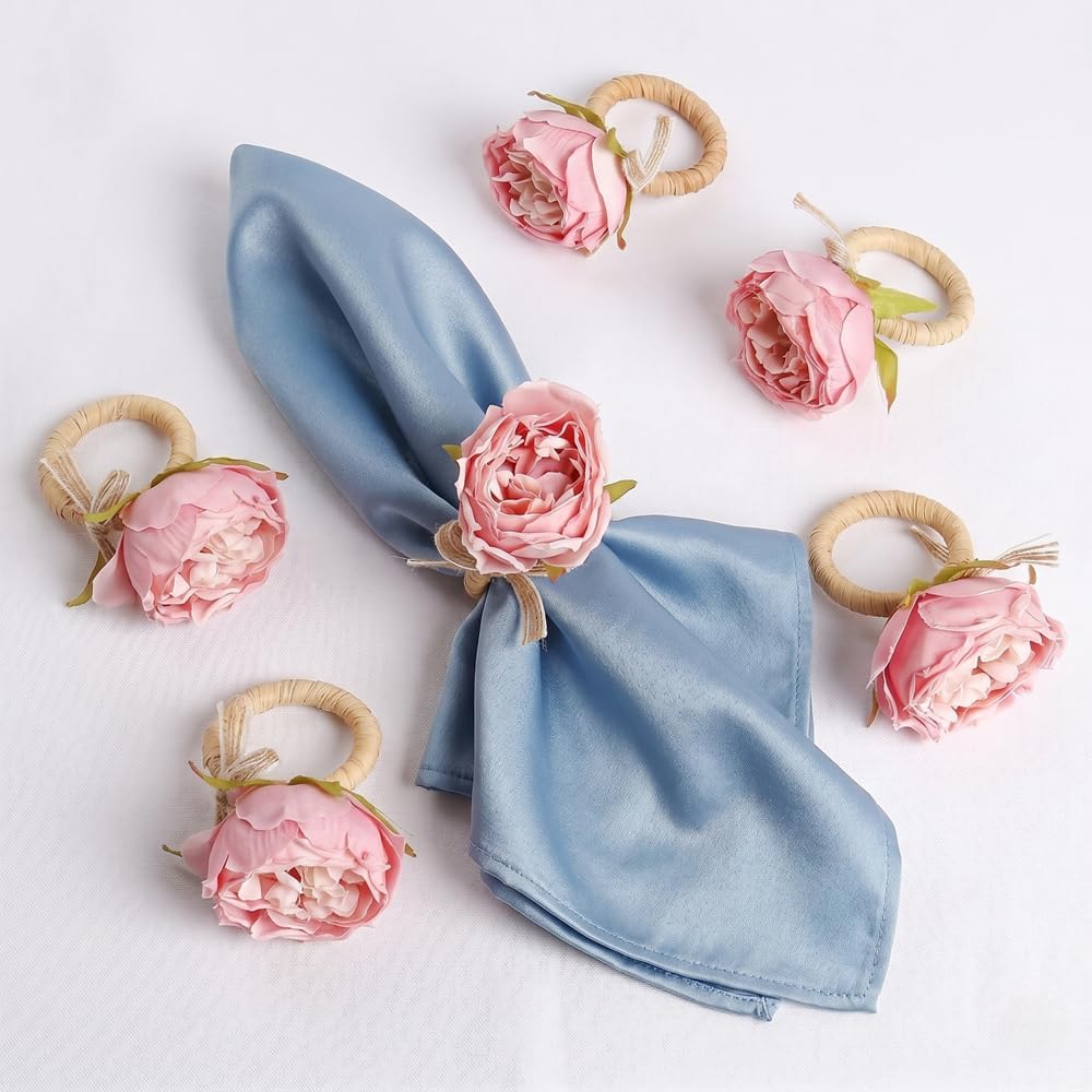 Flower Napkin Rings Set of 12 | Rustic Rose Tulip Napkins Holder | Spring Napkin Rings & Flower Stem Napkins Holder for Mother's Day Birthday Wedding Dinners Parties Table Decoration (Pink White)