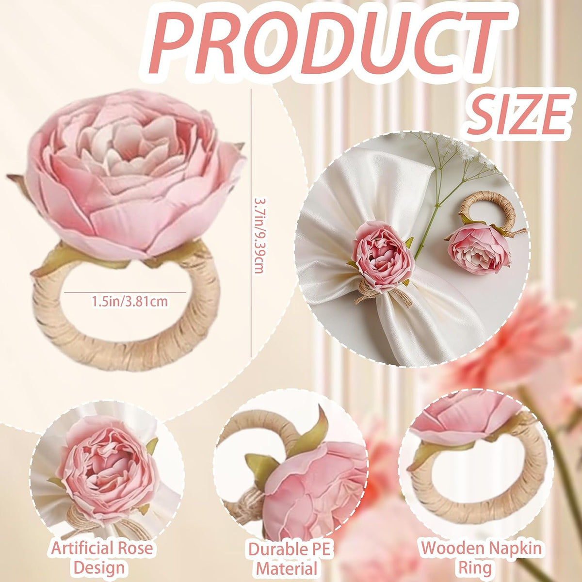 Flower Napkin Rings Set of 12 | Rustic Rose Tulip Napkins Holder | Spring Napkin Rings & Flower Stem Napkins Holder for Mother's Day Birthday Wedding Dinners Parties Table Decoration (Pink White)