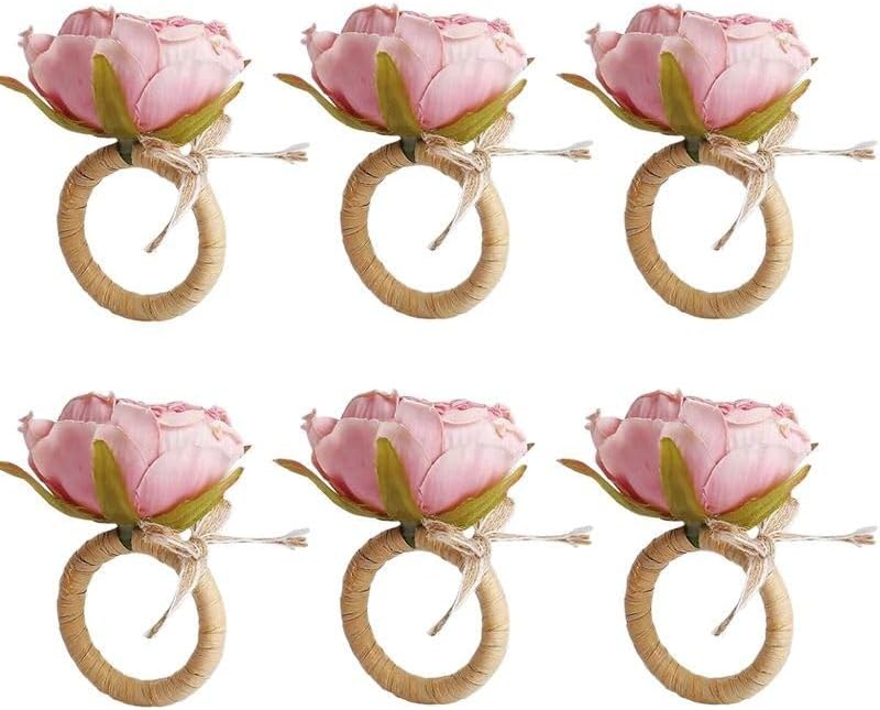 Flower Napkin Rings Set of 12 | Rustic Rose Tulip Napkins Holder | Spring Napkin Rings & Flower Stem Napkins Holder for Mother's Day Birthday Wedding Dinners Parties Table Decoration (Pink White)