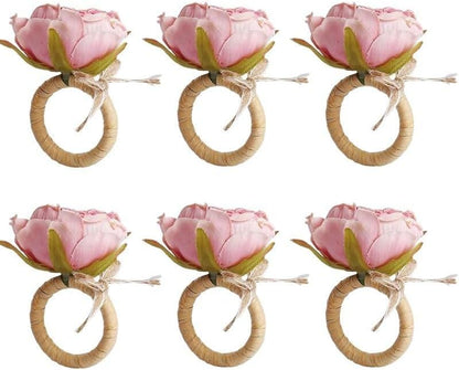 Flower Napkin Rings Set of 12 | Rustic Rose Tulip Napkins Holder | Spring Napkin Rings & Flower Stem Napkins Holder for Mother's Day Birthday Wedding Dinners Parties Table Decoration (Pink White)