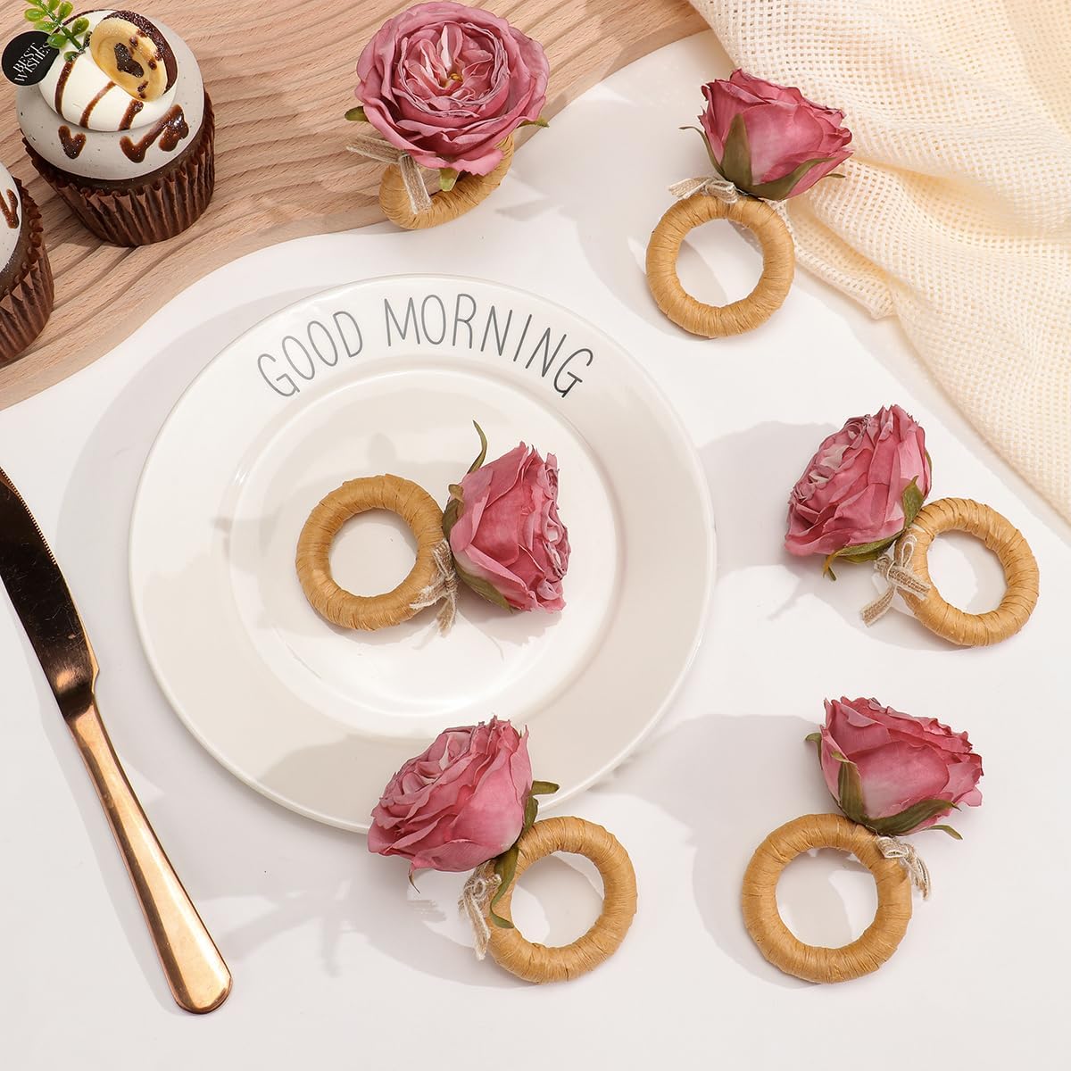 Flower Napkin Rings Set of 12 | Rustic Rose Tulip Napkins Holder | Spring Napkin Rings & Flower Stem Napkins Holder for Mother's Day Birthday Wedding Dinners Parties Table Decoration (Pink White)