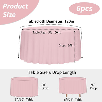 6 Pack 120 Inch Tablecloths Round Pink Table Cover